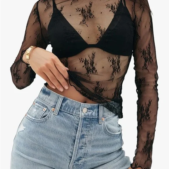 Chic Sheer Black Lace Blouse - Picture 3 of 10